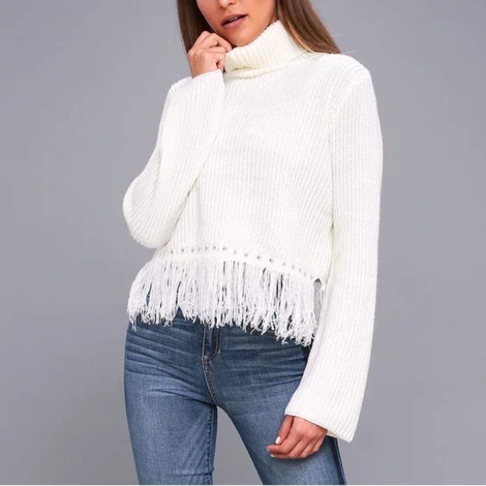 Lulus Freethinker Cream Fringe Cropped Sweater